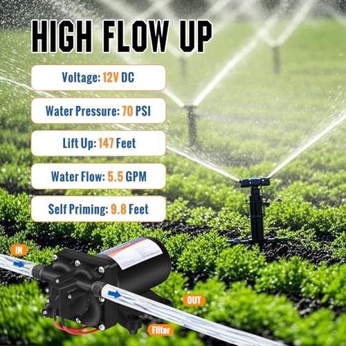 Image of YOUNGTREE 12V RV Fresh Water Pressure Pump, 5.5GPM 70PSI Diaphragm Pump, Self-Priming DC Water Pump with 3 /4 inch Garden Hose Adapters for Irrigation, Camper, Boat, Trailer, Marine, Off-Grid Cabin Use