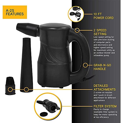 Image of XPOWER A-2S Cyber Duster Electric Air Duster for Dusting, Drying, Inflating, Blowing, Car Detailing, Computer, Leaf Blowing, 90 CFM, 2 Nozzles + 1 Brush, High Performance Motor, Eco-Friendly, Black