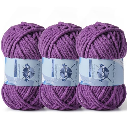 Image of 3 Pack Chunky Chenille Yarn for Crocheting, Baby Yarn for Crocheting Soft Blankets, Bulky Yarns for Crochet Amigurumi, 300g (223yds) Fluffy Velvet Yarns for Hand Knitting (3 Purple)