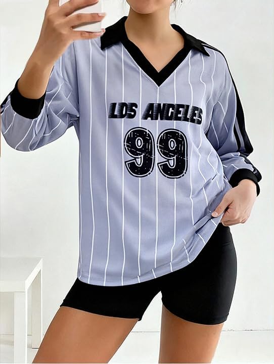 Jersey Shirts for Women Y2k Graphic Number Shirt Football Jersey Top V Neck Streetwear Long Sleeve Tops - Image 4