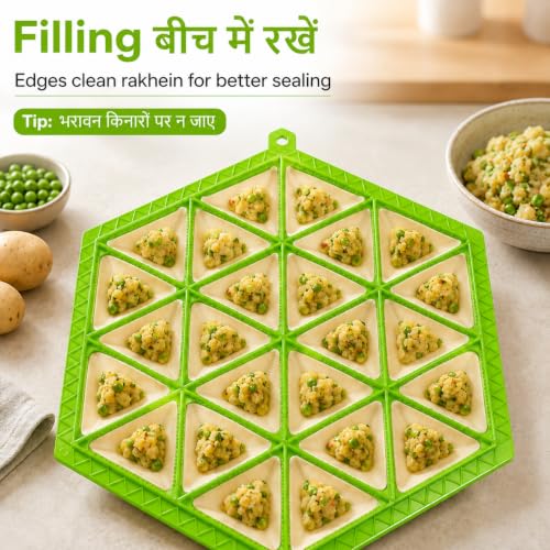 Image of Samosa Maker Mould, 24 Cavity Samosa Tray, ABS Plastic - Green | Sealing dots, ABS plastic body, makes 24 samosas at once; keep filling away from edges for better sealing, Made in India