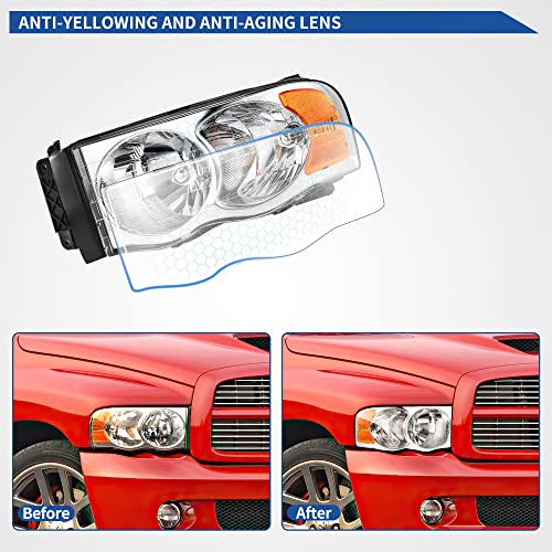 Image of OEDRO Headlight Assembly Replacement for 2002-2005 Dodge Ram 1500 /03-05 Dodge Ram 2500 3500 Headlamp with Amber Reflector Clear Lens Chrome Housing
