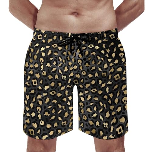 Mens Swim Trunks, Gold Black Leopard Print Swim Shorts with Mesh Lining Swimwear Bathing Suits Quick Dry