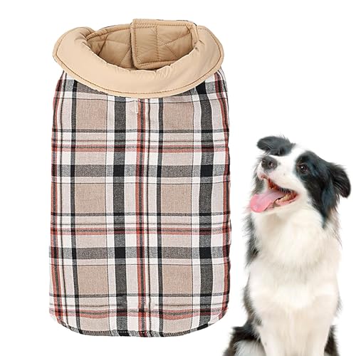 冬のドッグジャケット - 冬用防水防風ドッグコート|イギリスの格子縞のペットの服、寒い気候のための居心地の良いスノー犬の寒い天気のコートと一緒に、どんな天気でも屋外の冒険に犬を連れて行きましょう。バックハーネスホールのデザインにより、襟やハーネスを簡単に着