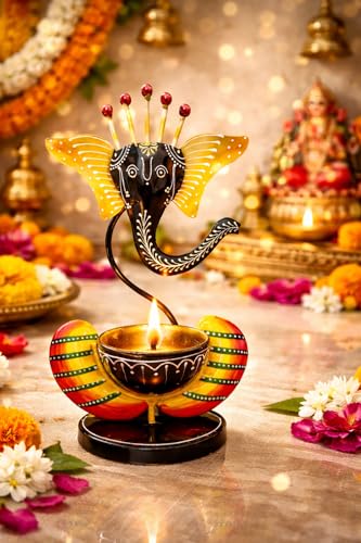 Image of Ganesha Iron Diya Holder - Handpainted Metal Tealight Candle Holder for Home Temple & Pooja Room | 11 Inch Decorative Showpiece, Diwali & Housewarming Gift (Black)