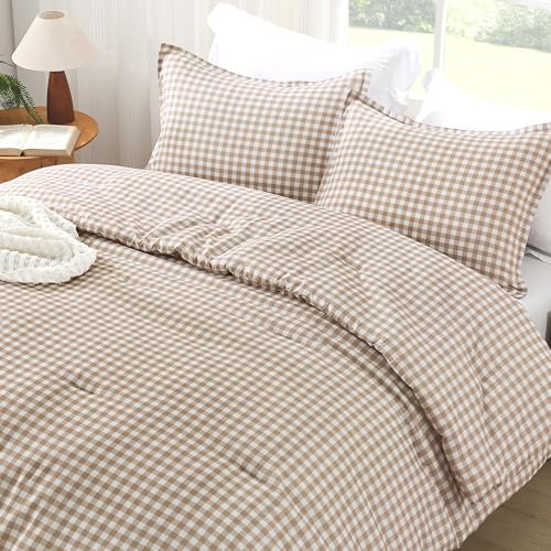 Image of Andency Tan Gingham Comforter Set Full(79x90Inch), Brown Checkered Grid Plaid Buffalo Bed Set for Girls Boys Kids Teens, 3 Pieces Lightweight Polyester Geometric Preppy Bedding