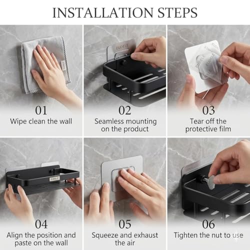 Image of EUDELE Aluminium Pack of 2, Self Adhesive Bathroom Shelf for Wall Shelf Organizer Wall Mounted Bathroom Shelves Rack Holder Stand for Bathroom Accessories Organiser Without Drill Black