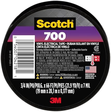 Scotch Vinyl 700 Electrical Tape, 1 Roll, Black, 3/4-in x 66-ft, General Purpose, Commercial Grade, Rated for Temperatures Up to 194-Degree, Highly Flexible, Stretchy & Conformable (700)