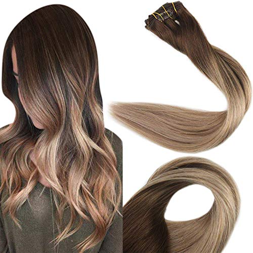 Full Shine Clip in Hair Extensions 18 Inch Clip in Extensions Double Weft Color 4 Medium Brown Fading to 18 Ash Blonde and 27 Honey Blonde Straight Clip in Hair Balayage Clip Hair Extensions
