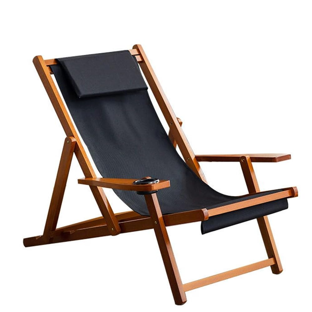 Chaise hamac pliante en tissu Oxford noir et bois avec porte-gobelet