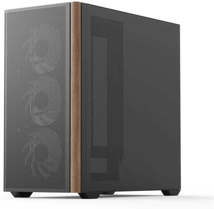sebelah view of the AeroCool D301A Mid-Tower Case, showing the tempered glass panel and wooden accent.