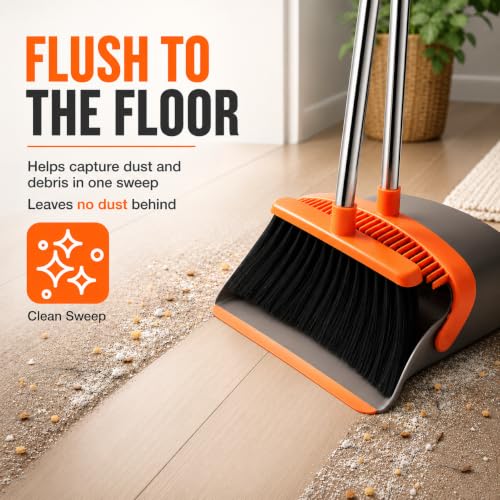 Image of Broom and Dustpan Set, Upgraded Broom with Dustpan Combo Set with 56 inch Tall Adjustable Handle, Self-Cleaning Teeth, Upright Standing Dust Pan for Heavy Duty Indoor Outdoor Cleaning and Pet Hair