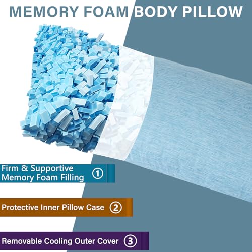 Body Pillow, Cooling Memory Foam Body Pillows for Adults Sleeping, Long Pillow for Bed, Big Large Firm Full Body Pillow for Side Sleeper, 20x54 Inch, Cooling Blue