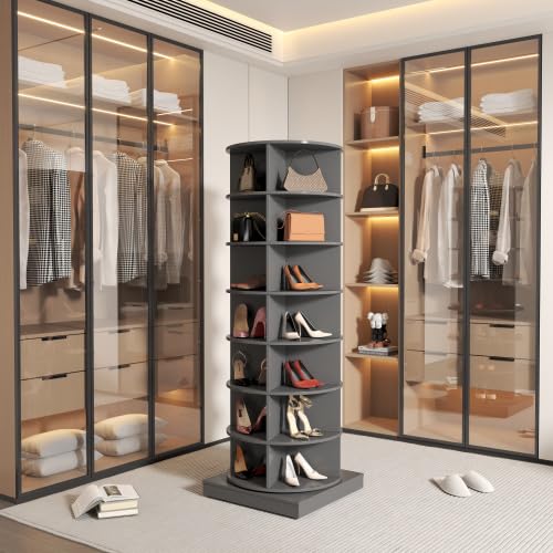 Image of HKLYRHIMO Rotating Storage Rack-American Design White-7-Tier Spinning Storage Rack,Free Standing 360 Revolving Shoe Organizer-for Bedroom,Livingroom,Hallway. (Gray,7-Tier with Base)