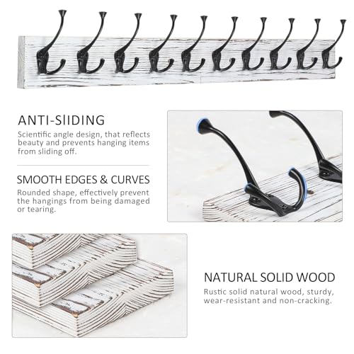 Image of IBosins 34'' Coat Rack Wall Mount with 10 Tri-Hooks, Heavy Duty, Vintage White Color Wood Coat Hanger, Rustic Coat Hooks Rail for Entryway Living Room Coat Scarf Bag Towel Hat