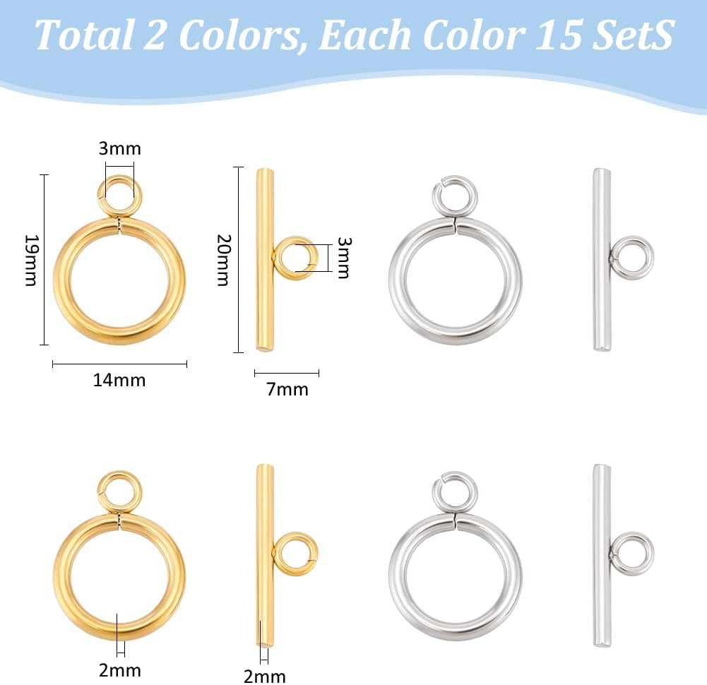 UNICRAFTALE 30 Sets 2 Colors Toggle Clasps 304 Stainless Steel Ring Toggle Connectors Golden & Stainless Steel Color IQ Toggles Clasps & Tbar Clasp for DIY Necklace Bracelet Jewelry Making - Image 3