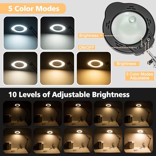 Jubor Improved Magnifying Glass with Light and Stand, 15X 10X Magnifying Lamp with Clamp, LED Desk Magnifier Lamp with 5 Color Modes and 10 Brightness Levels for Hobby Crafts, Repair, Reading - Cosy Home Interiors Jubor Improved Magnifying Glass with Light and Stand, 15X 10X Magnifying Lamp with Clamp, LED Desk Magnifier Lamp with 5 Color Modes and 10 Brightness Levels for Hobby Crafts, Repair, Reading - Image 3