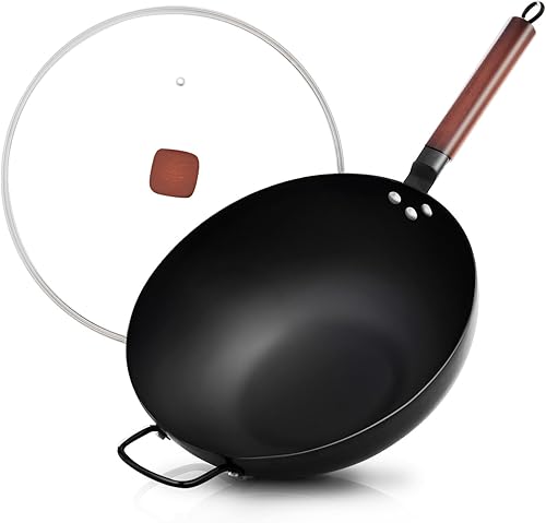 KITEXPERT Wok de acero al carbono con tapa, sartenes antiadherentes de 13 pulgadas con mango de madera, wok chino sin revestimiento químico con