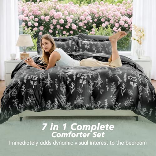 Image of MUXHOMO Oversized King Comforter Set, Black Elegant Floral Print Bed in a Bag 7 Pieces, Ultra Soft & Breathable Reversible Botanical Pattern Bedding Set with Comforter, Sheets, Pillowcases, and Shams