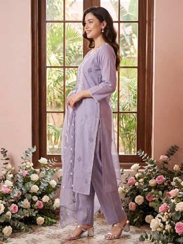 Image of INDO ERA Women's Silk Blend Solid Straight Kurta with Pant & Dupatta Set