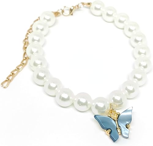 Collar ajustable de mariposa y perlas collar de gato Cuerda de goma flexible romper (azul)