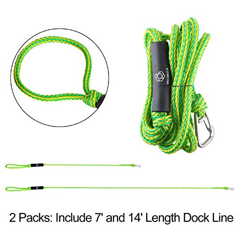 Obcursco Pwc Dock Lines Boat Dock Lines 1/2” X (7Ft & 14Ft), Jet Ski Dock Line Mooring Line Dock Tie Pontoon Accessories For Waverunner, Kayak Tow Line With 316 Stainless Steel Clip (Green & Yellow) #TOP4