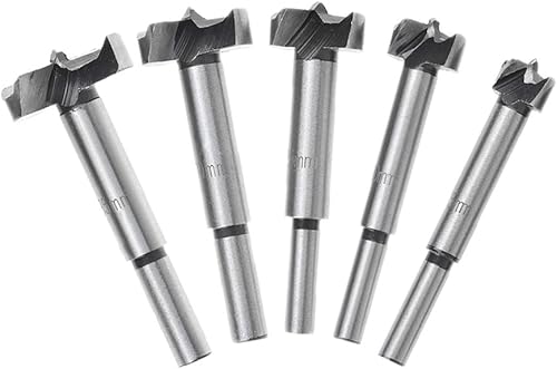 Houkr Juego de 5 brocas para taladro forstner de 0.591 1.378in de acero al carbono de largo vástago redondo con bisagras para cortar agujeros,