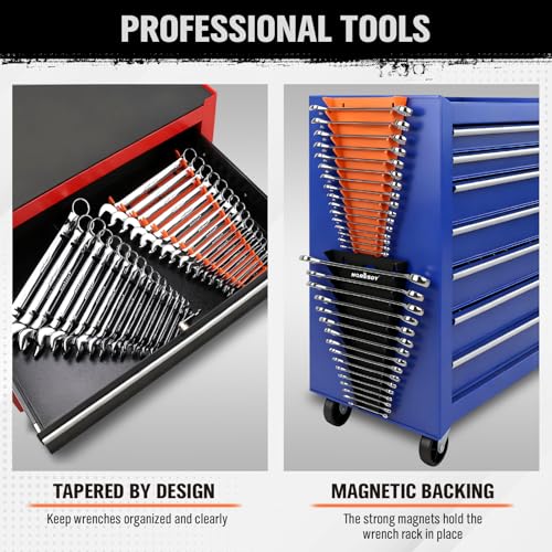 horusdy 2-piece magnetic wrench organizer 32-slot wrench storage rack for toolboxes drawer amp garage sae 1434 - 1-11634 amp metric 6mm - 24mm wrench holder black amp orange 11lbs capacity