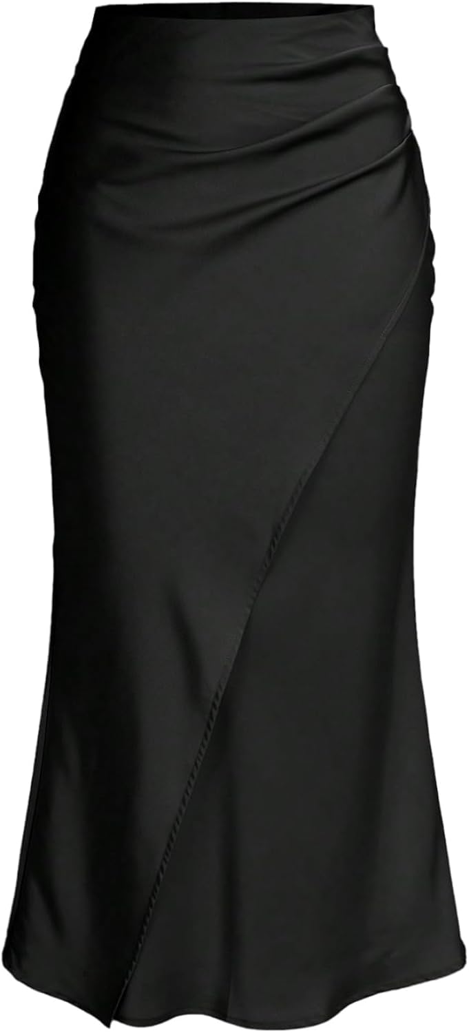 SOLY HUX Women's Satin Maxi Skirt Elegant Wrap High Waisted Ruched Fishtail Dressy Casual Skirts