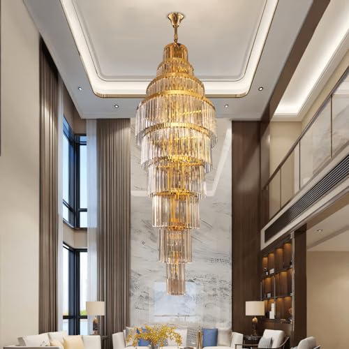 Image of Harold Electricals Caverna Long Crystal Chandelier | Staircase Chandelier Light Fixture for High Ceiling Hallway, Living Room, Hotel & Entryways - 2ft(Dia) X7ft (Height) Gold Plate