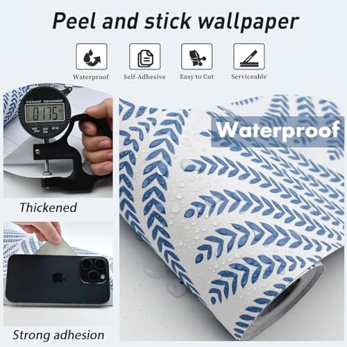 Image of Veki Luxury Floral & Botanical Geometric Wallpaper Mural - Waterproof, Moisture-Proof, Self-Adhesive PVC Wall Sticker for Home & Hotel Decoration (45cm x 300cm) (Blue Leaf)