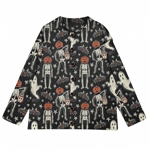 Halloween Sweaters for Women Spooky Season Funny Ghost Skeleton Pumpkin Fall Winter Long Sleeve Button Knit Cardigan3