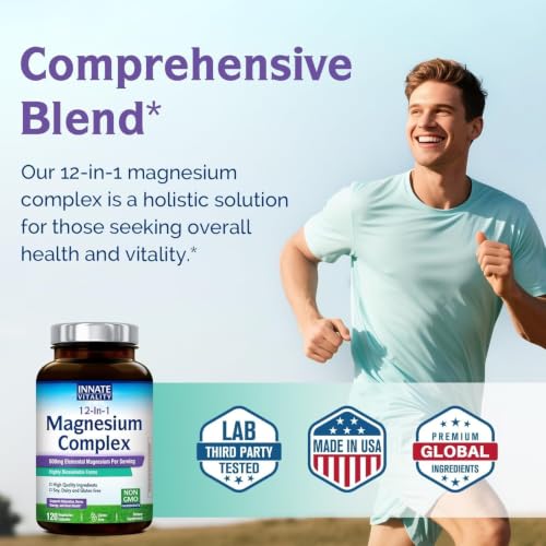 Image of Innate Vitality 12-in-1 Magnesium Complex, 500 mg Elemental Mag, with Magnesium Glycinate Malate Taurate Aspartate & More, Non-GMO, for Nerves, Sleep, Heart, Energy, 120 Veg Caps