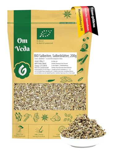 BIO Salbeitee - Salbeiblätter geschnitten und naturbelassen - Ideal für Tee-Zubereitungen - reich an Geschmack und Qualität - Aromatischer Kräutertee - OmVeda (200g)