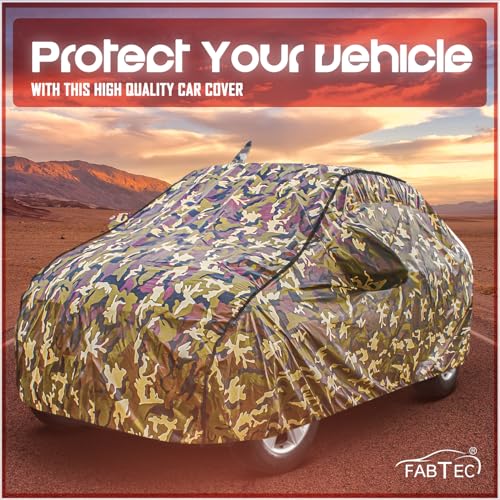Image of FABTEC Car Body Cover for Tata Tiago Jungle Print with Soft Cotton Lining Waterproof Car Cover UV & Rain Protection with Mirror and Antenna Pocket Bottom Elastic (Military /Camouflage Pattern)