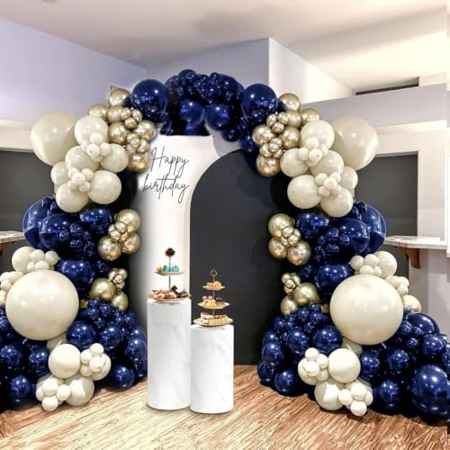 Image of Navy Blue Balloon Garland Double Stuffed Pearl White Royal Blue Balloons Dark Navy Gold Balloon Arch Kit for Birthday Baby Shower Wedding Graduation Father's Day Party Decor