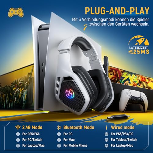 2.4Ghz Wireless Gaming Headset for PS5/PS4/PC(USB-A Port) - 40H Battery Life, Spatial Audio with 360° Flexible Mic, Wireless Headset for Switch/Tablets/Mac and Phone (USB-C Port) – Bild 3