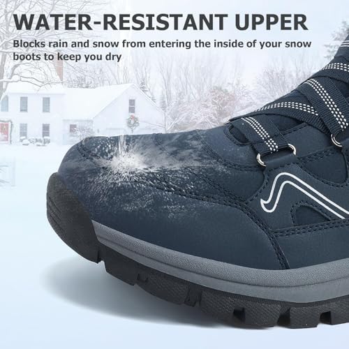 Image of Moodeng Mens Winter Snow Boots Water-Resistant Outdoor Hiking Shoes Anti-Slip Snow Boots Warm Fur Lined Fashion Sneaker Blue Size 9.5