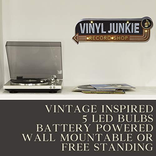Bey Berk Vinyl Junkie LED Lighted Metal Sign, Wall Décor or Free Standing Table Top Decoration for Bedroom, Living Room, Bar, Game Room, Garage, Man Cave - Battery Operated (22" L x 7" H x 2" W) - Thumbnail 4