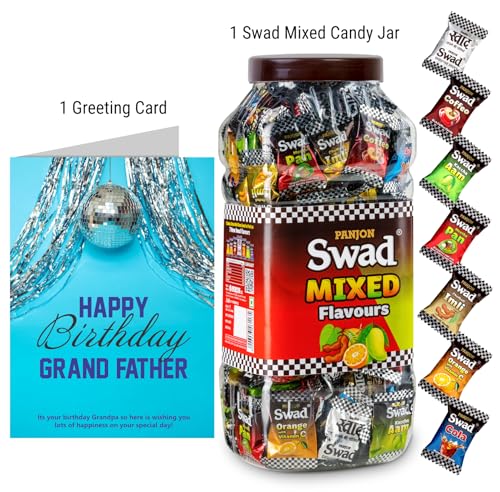 Image of Swad Happy Birthday Dada Grand Dad Gift with Card (Swad Mixed Flavours Candy 200 Jar & 1 Greeting card) 2 units