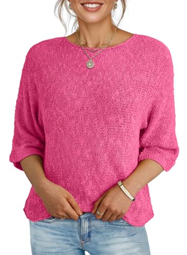 Image of Dokotoo Womens 2026 Spring Summer Casual Crewneck 3 /4 Sleeve Striped Lightweight Knit Trendy Boho Tops Pullover Sweaters