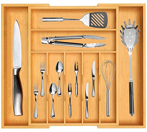 Bamboo Kitchen Utensil Organizer, Expandable Silverware Organizer for Kitchen Drawers, Premium Wood Drawer Organizers, Silverware Holder Tray for Drawers Flatware-Cutlery Organizer for Drawer