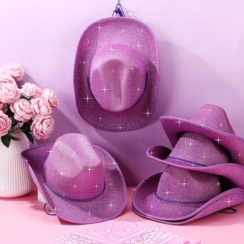 Image of Coume 12 Pcs Sparkly Adults Cowboy Hat and Bandanas Women Men Western Glitter Cowgirl Party Hats with Adjustable Drawstring