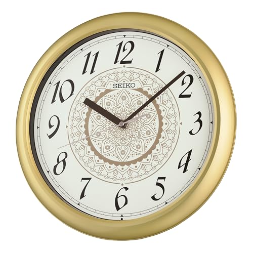 Image of Seiko Henna Wall Clock - 13 inch Gold Case, Floral Dial, Quartz Movement, Battery Operated (Size: 32.5 x 4.5 x 32.5 CM | Weight: 600 gram) QHA018F