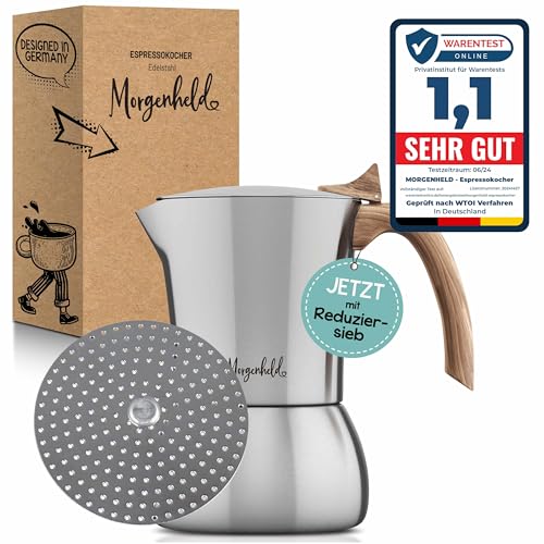 Morgenheld FLOW Espressokocher Edelstahl mit Reduziersieb wahlweise 24 Tassen (200 ml) aus einer Kanne induktionsgeeignet für alle Herdarten spülmaschinenfester Einsatz