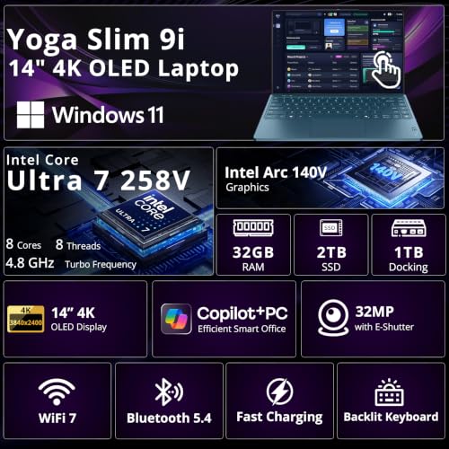 Image of Lenovo Yoga Slim 9i 14 inch 4K OLED Touch Copilot+ PC Laptop, Intel Ultra 7 258V, 32GB RAM, 3TB Storage(2TB SSD+1TB Docking Station), Intel Arc GPU, Backlit Keyboard, Fingerprint, Win 11 Home, Tidal Teal