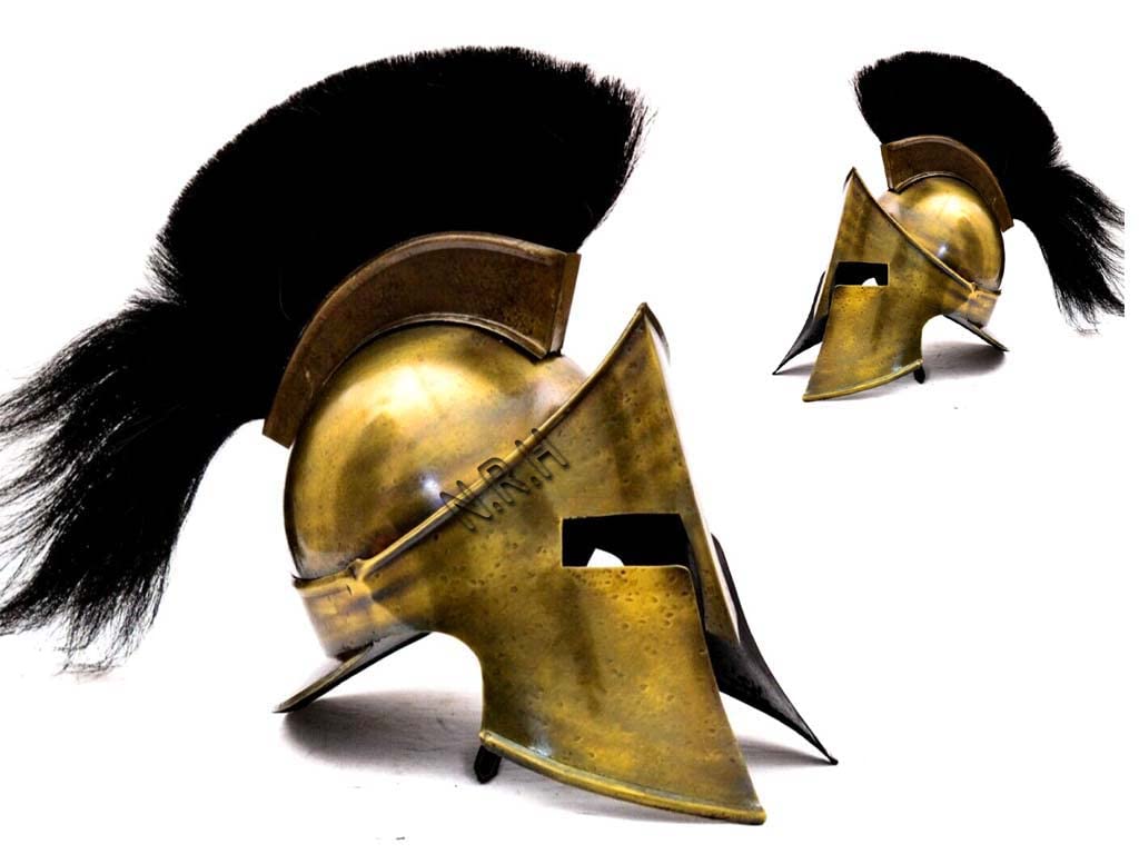 Średniowieczna zbroja król Leonidas grecki spartański rzymski kask męski spartański wojownik nakrycie głowy akcesoria do kostiumu (20 x 23 x 66 cm, antyczny mosiądz)