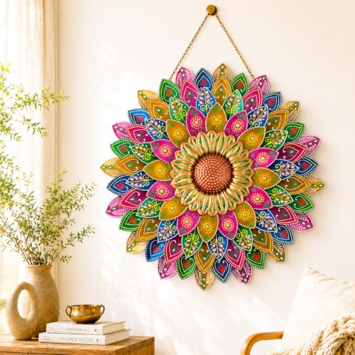 Image of SETHI AESTHETIC Metal Sunflower Wall Decor - Artistic Metal Wall Art Antique Rainbow Finish Stylish Daisy Flower Wall Art, Decorative Wall Decor for Living Room, Foyer, Home Decor, Size 54X54 CM (Rainbow bloom)