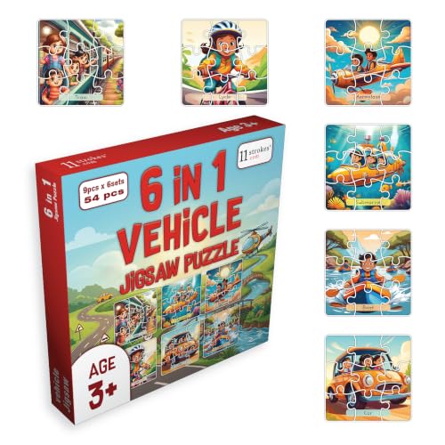 Image of 11 Strokes 6 in 1 Vehicles Jigsaw Puzzle for Kids Age 3+ | 54 Pieces | Car Bus Train Aeroplane Ship Truck | Premium MDF | Educational Toy for Toddlers