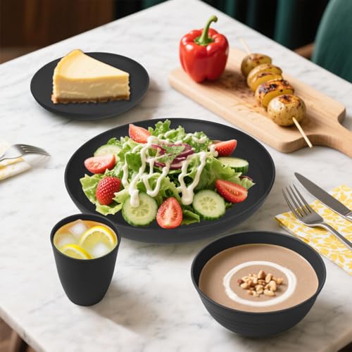 Image of Wheat Straw Dinnerware Sets for 8, 32 PCS Unbreakable Plates and Bowls Sets, Reusable Dinnerware Set for Kitchen Outdoor and Apartment Dinning Essentials - Black